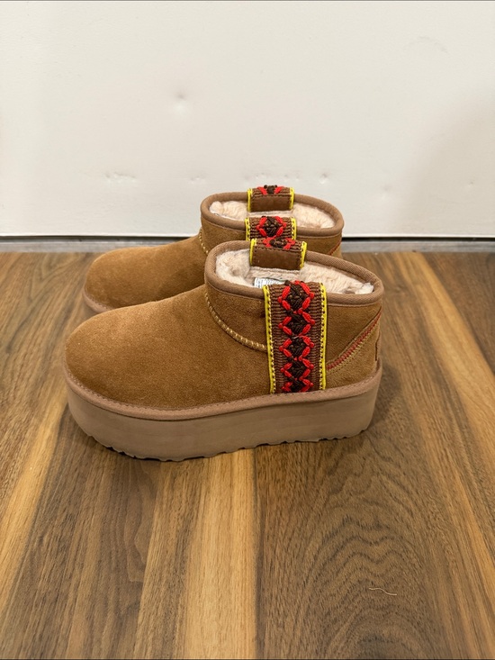UGG Shoes - UGG Chestnut Suede Ankle Booties with Red and Yellow Accents